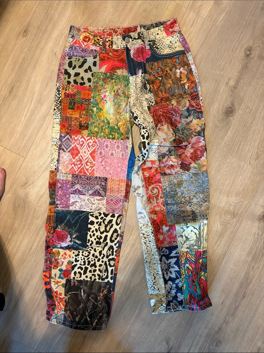 Patchwork Print Wide Leg Pants Y2K Boho Grunge Statement Trousers - Picture 3 of 4